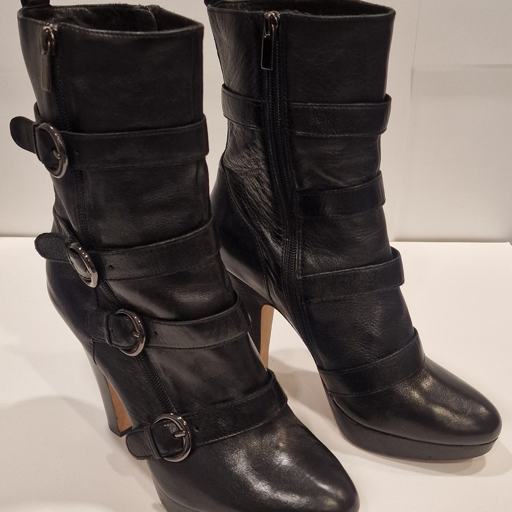 Nine West Boutique 9 Black Heeled Boots with Decorative Buckles - Picture 2 of 6